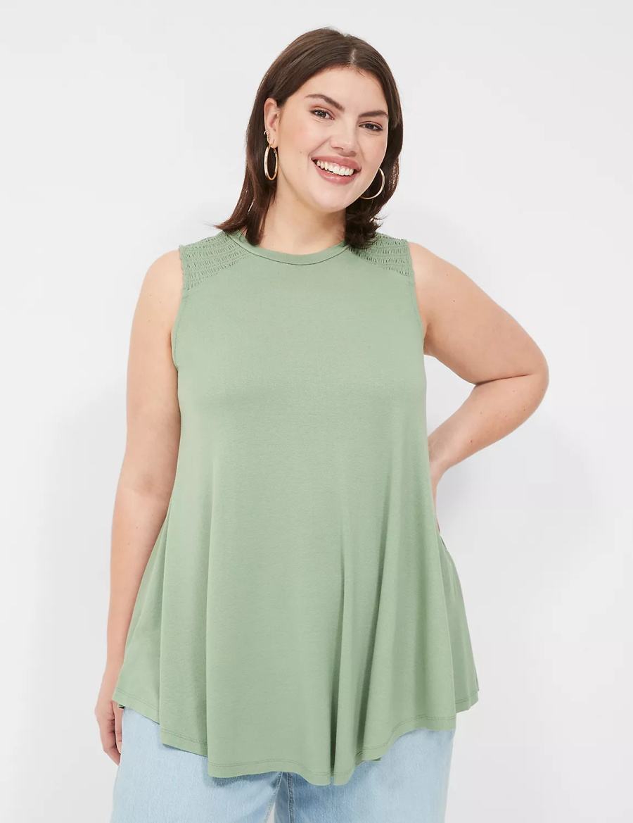 Lane Bryant Max Swing High-Neck Smocked-Shoulder Tunic Women T Shirts Light Green | OLQ6974AR