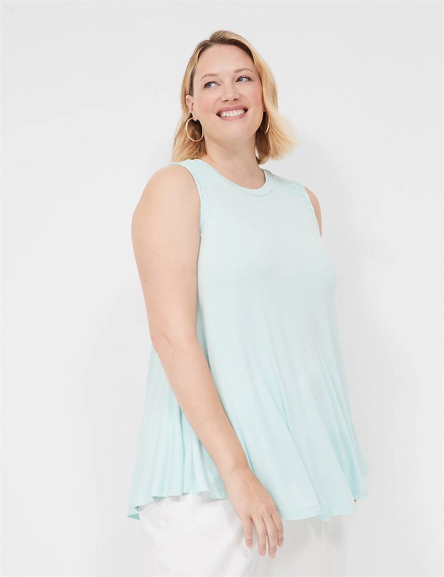 Lane Bryant Max Swing High-Neck Smocked-Shoulder Tunic Women T Shirts Blue | CWT8958XD