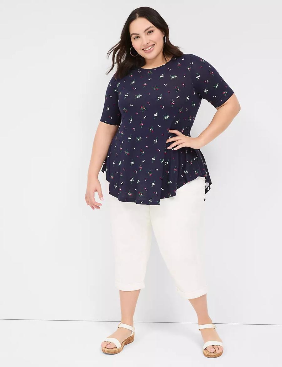 Lane Bryant Max Swing Perfect Sleeve Crew-Neck Tee Women T Shirts Navy Multicolor | LNU656CY