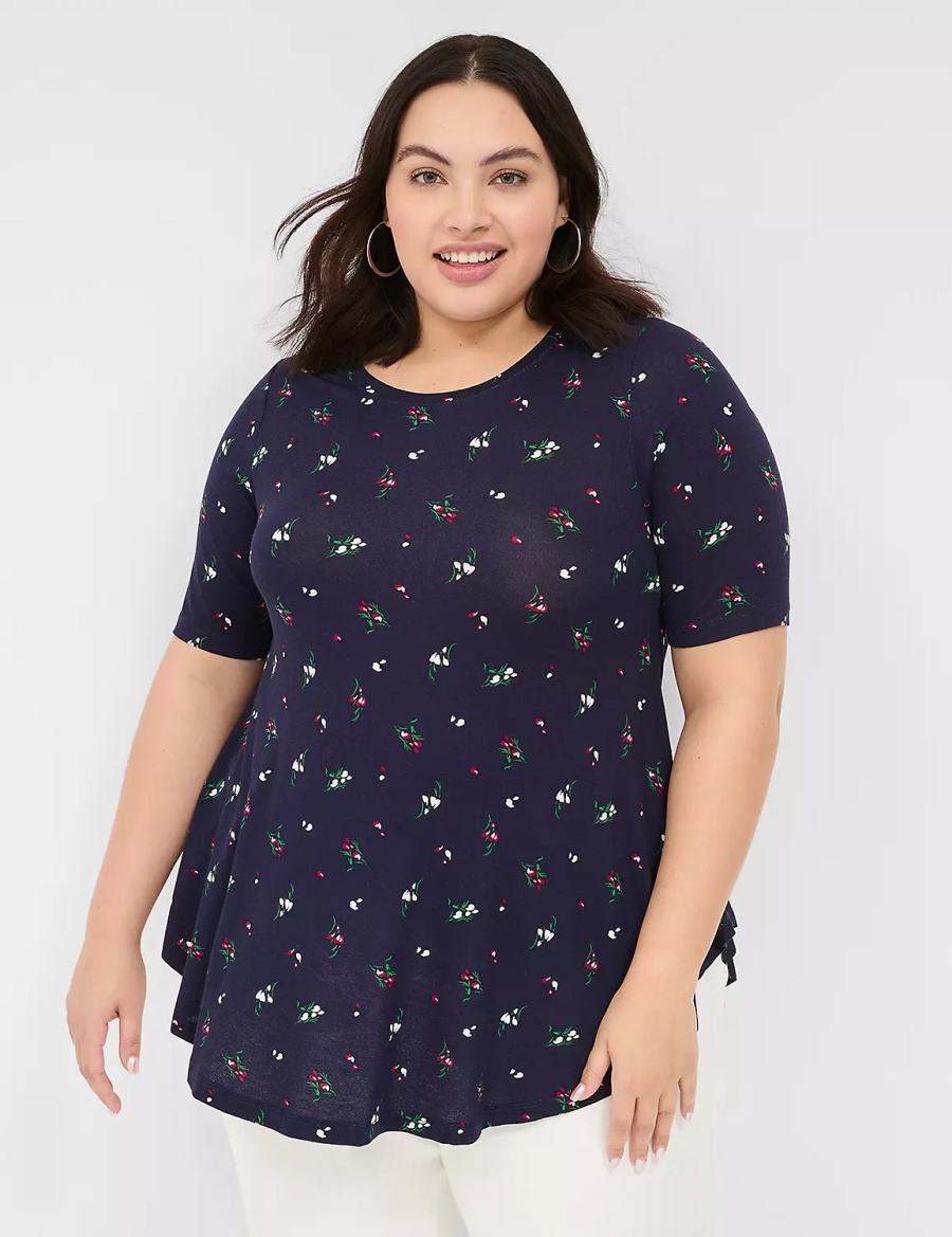 Lane Bryant Max Swing Perfect Sleeve Crew-Neck Tee Women T Shirts Navy Multicolor | LNU656CY