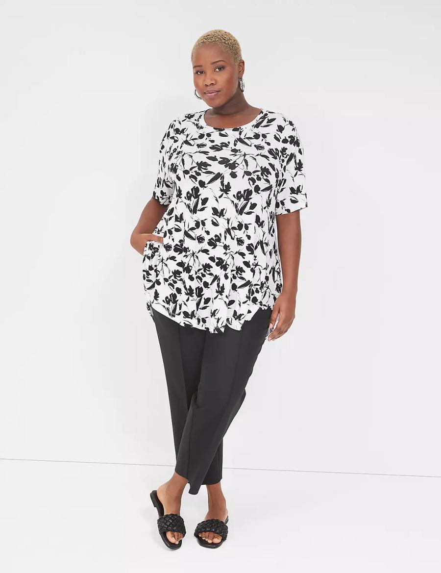 Lane Bryant Max Swing Perfect Sleeve Crew-Neck Tee Women T Shirts Black White | SFN7377IO