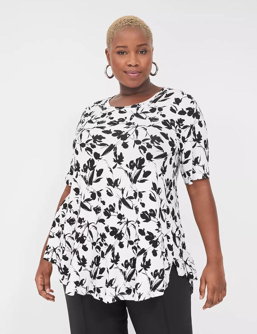 Lane Bryant Max Swing Perfect Sleeve Crew-Neck Tee Women T Shirts Black White | SFN7377IO