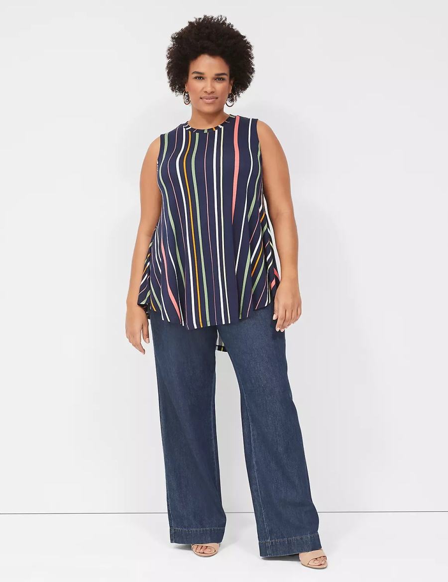 Lane Bryant Max Swing Sleeveless High-Neck Tunic Women T Shirts Navy Stripes | VUU396HC