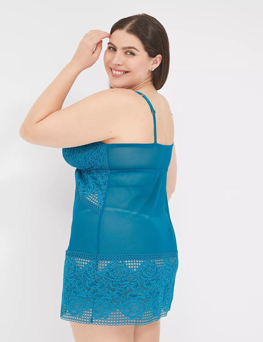 Lane Bryant Mesh & Lace Slip Women Dress Blue | EXQ255GR