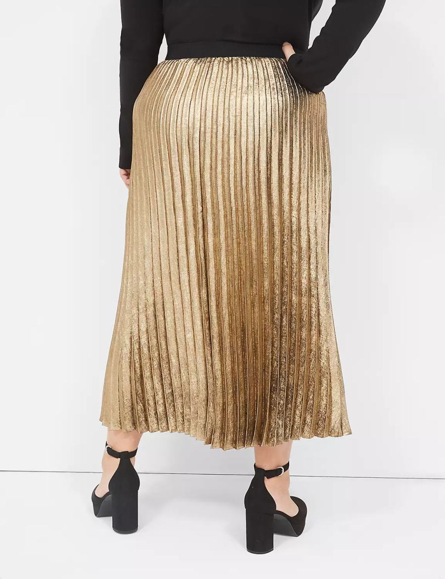 Lane Bryant Metallic Pleated Midi Women Skirts Gold | CEF1639YG