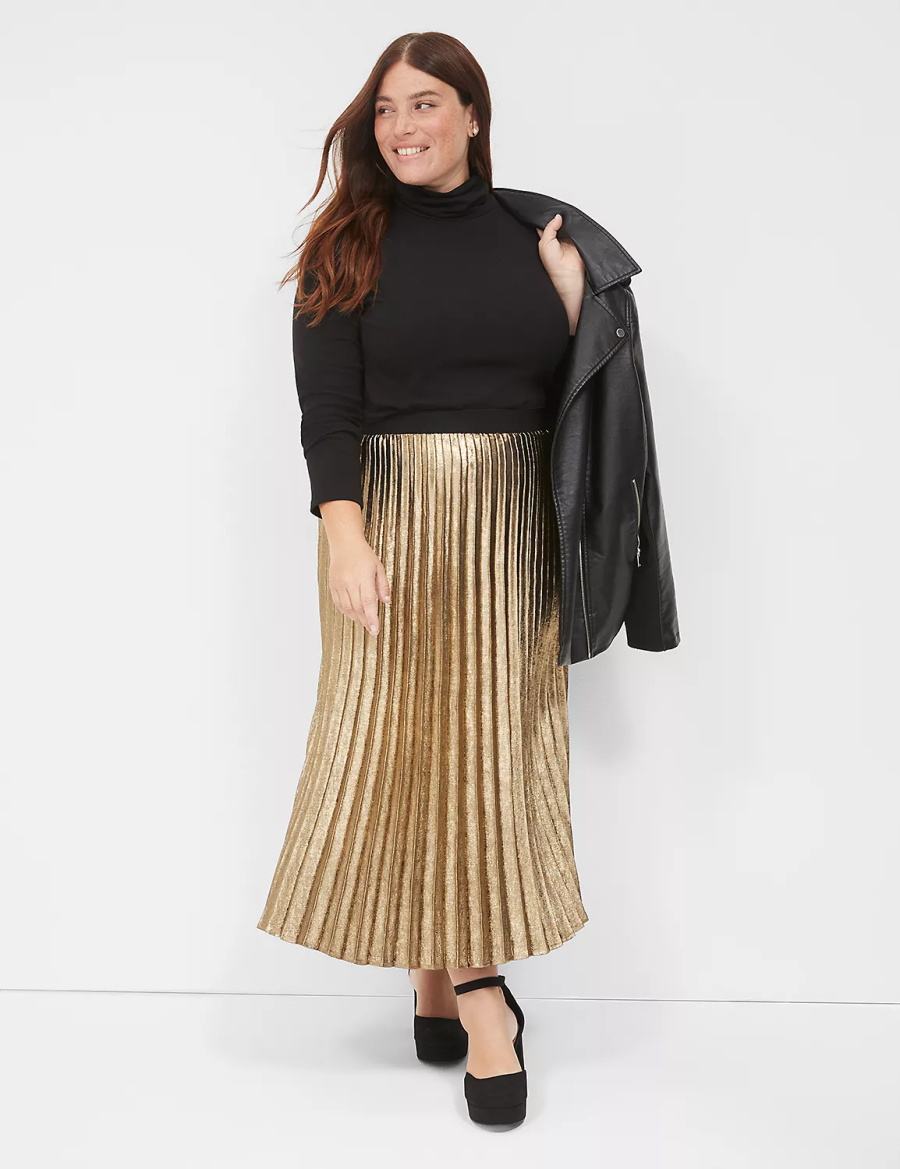 Lane Bryant Metallic Pleated Midi Women Skirts Gold | CEF1639YG