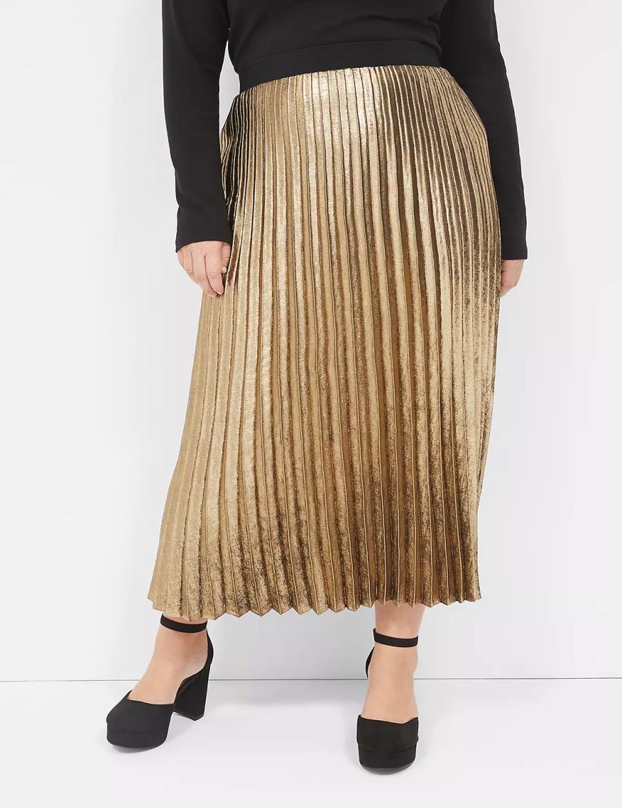 Lane Bryant Metallic Pleated Midi Women Skirts Gold | CEF1639YG