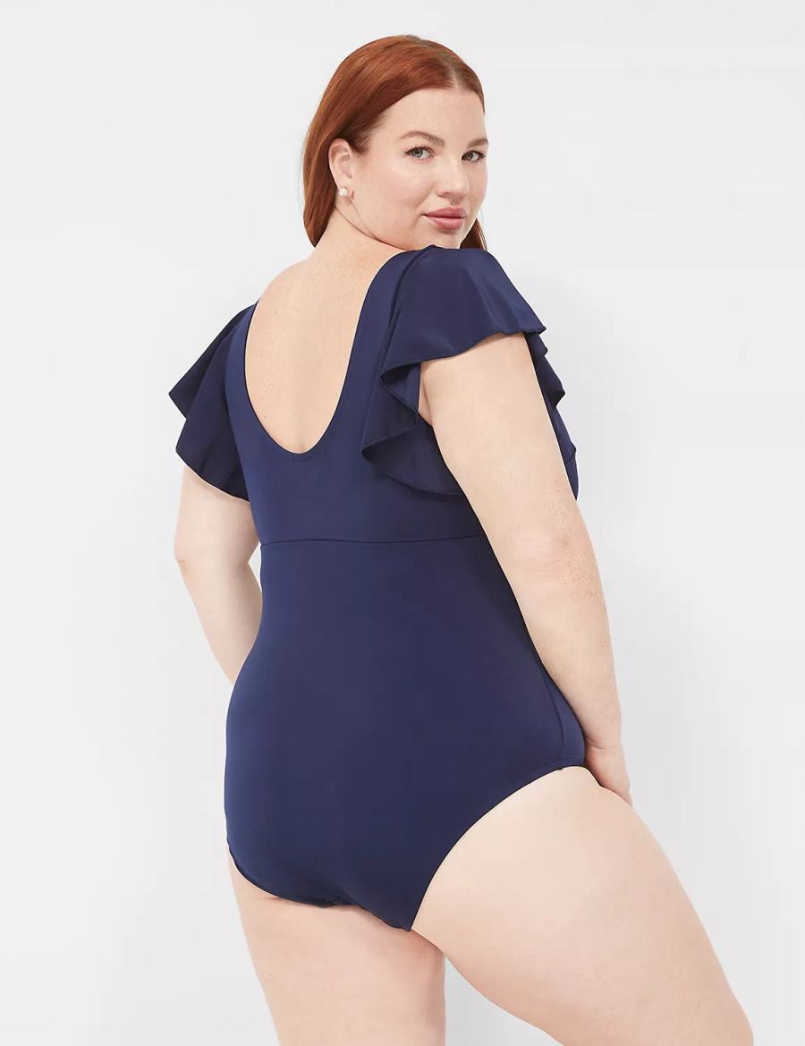 Lane Bryant No-Wire Flutter-Sleeve One-Piece Women Swimsuits Blue | YNP2686QF