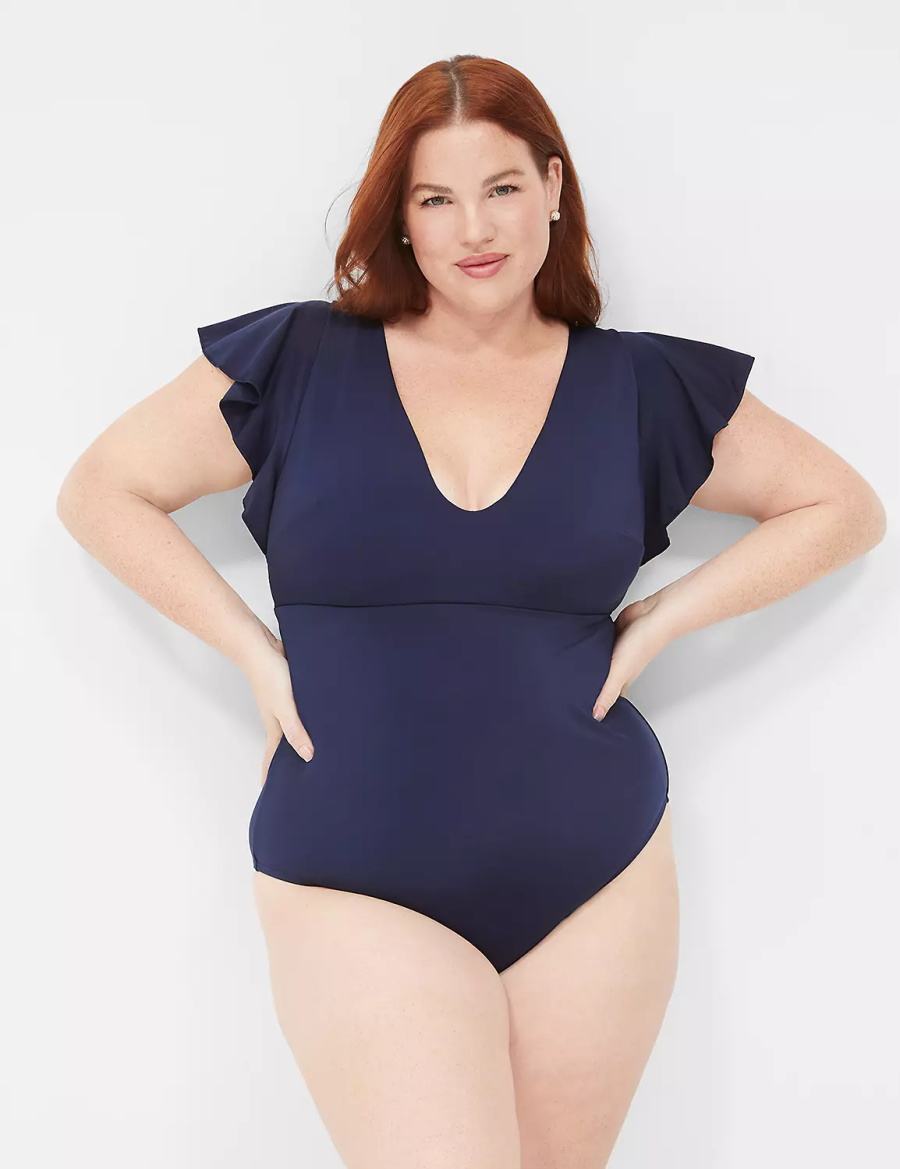 Lane Bryant No-Wire Flutter-Sleeve One-Piece Women Swimsuits Blue | YNP2686QF