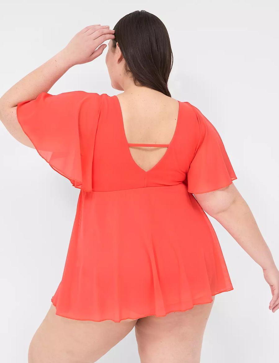 Lane Bryant No-Wire Flutter-Sleeve Swim Women Dress Coral | ATR8860MC