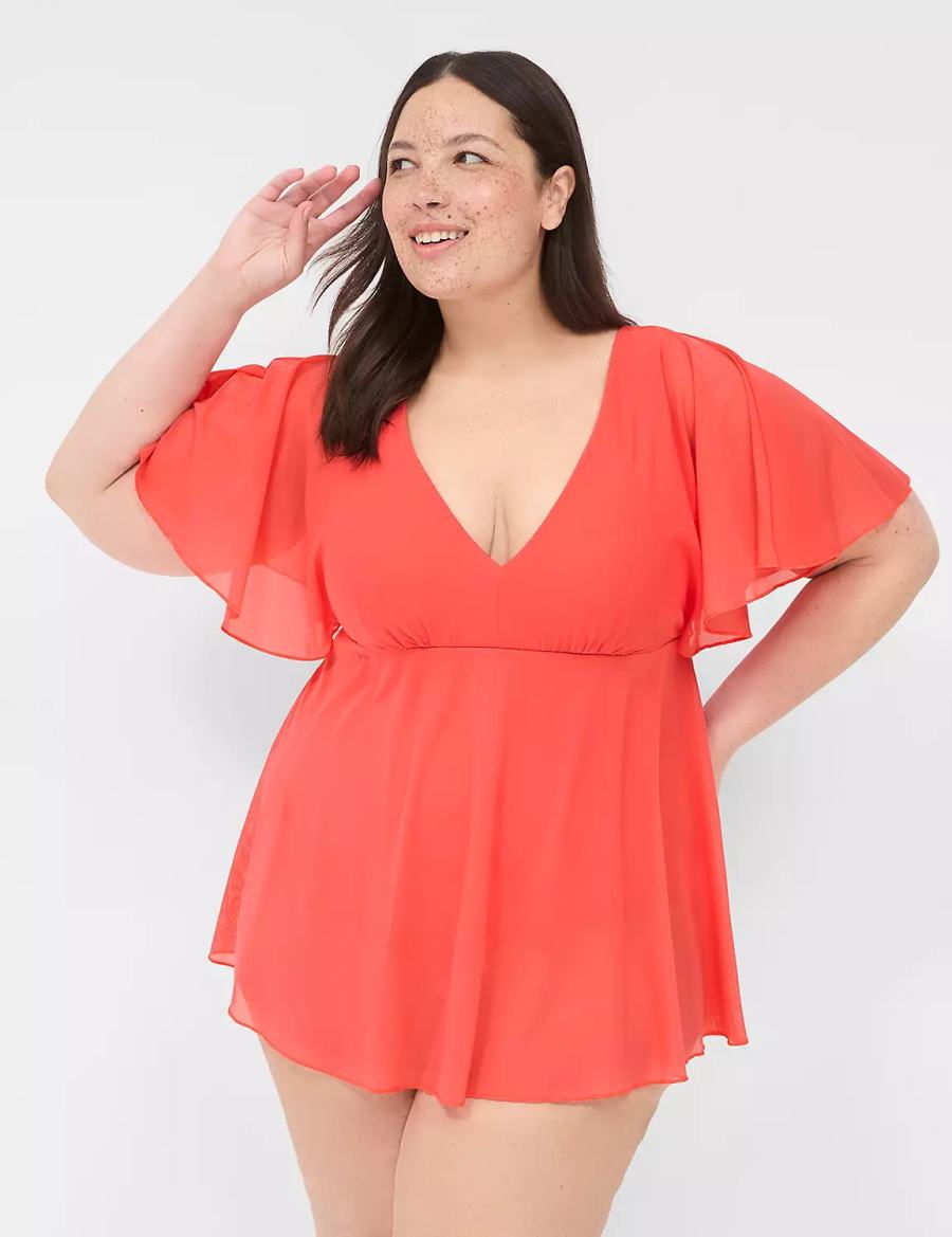 Lane Bryant No-Wire Flutter-Sleeve Swim Women Dress Coral | ATR8860MC