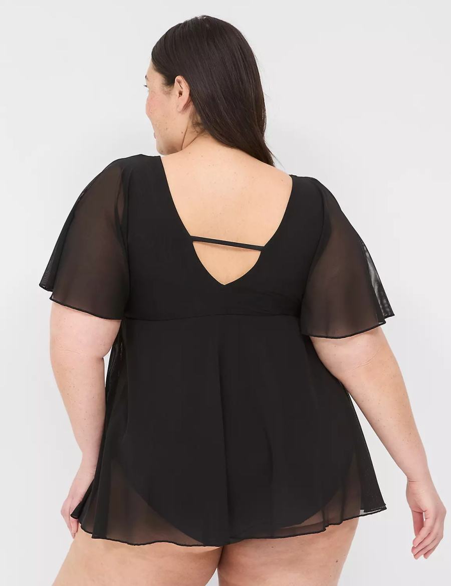 Lane Bryant No-Wire Flutter-Sleeve Swim Women Dress Black | OFL1539VJ