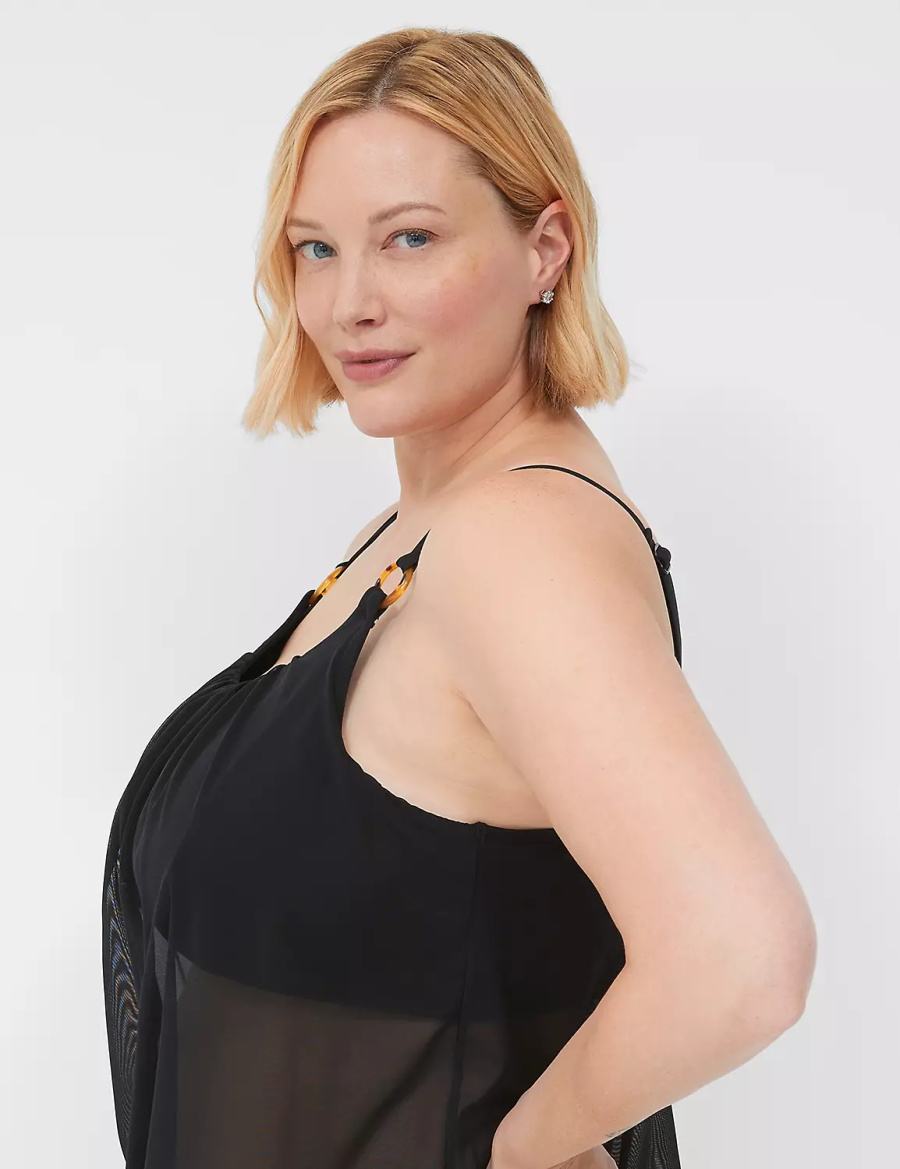 Lane Bryant No-Wire Mesh Blouson Tankini Women Bikini Top Black | HYU8178IZ