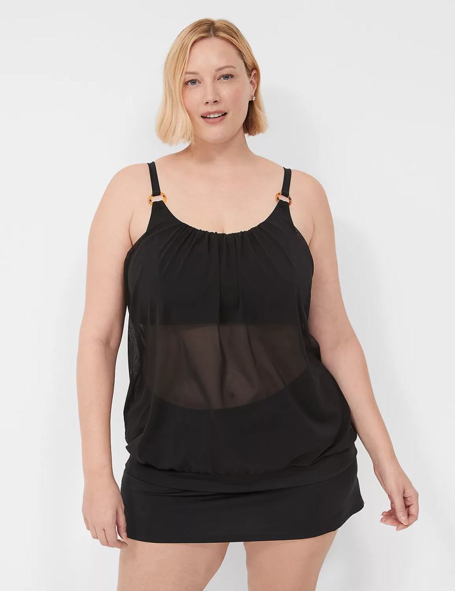 Lane Bryant No-Wire Mesh Blouson Tankini Women Bikini Top Black | HYU8178IZ