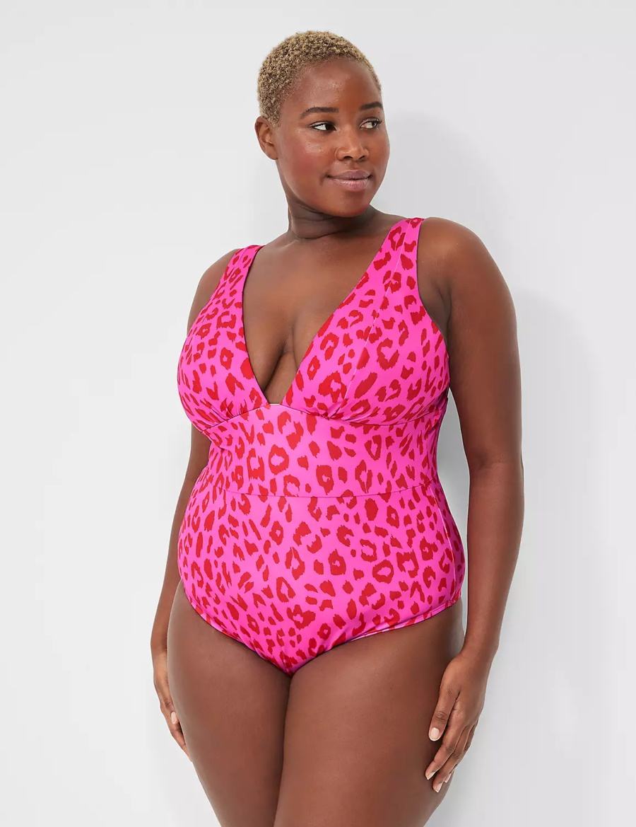 Lane Bryant No-Wire Plunge One-Piece Women Swimsuits Pink | YYN891ZX