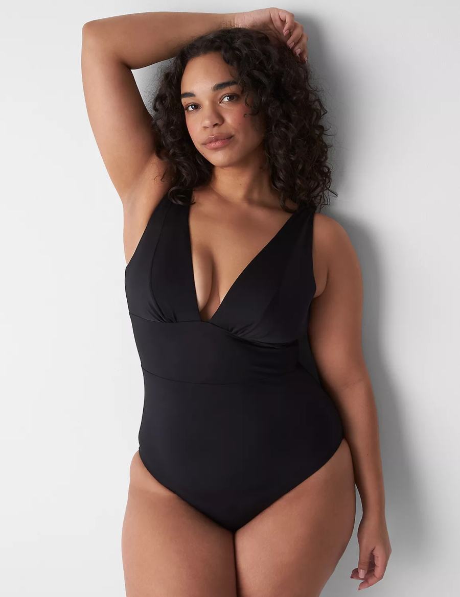 Lane Bryant No-Wire Plunge One-Piece Women Swimsuits Black | CCI5455BC