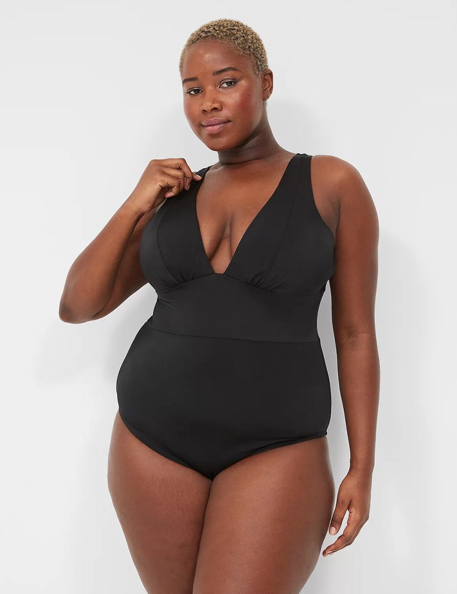 Lane Bryant No-Wire Plunge One-Piece Women Swimsuits Black | CCI5455BC