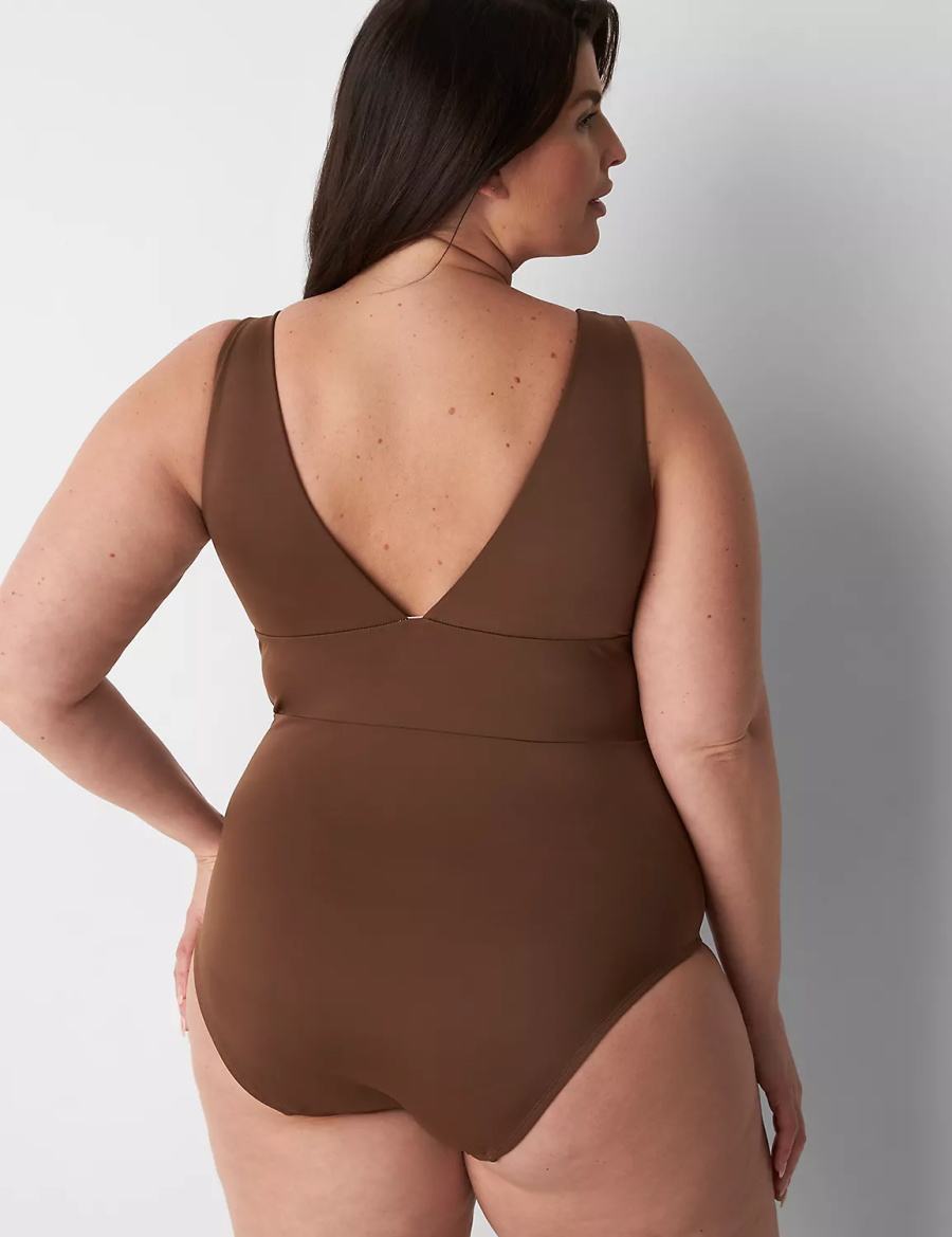 Lane Bryant No-Wire Plunge One-Piece Women Swimsuits Dark Brown | IUG7424OO