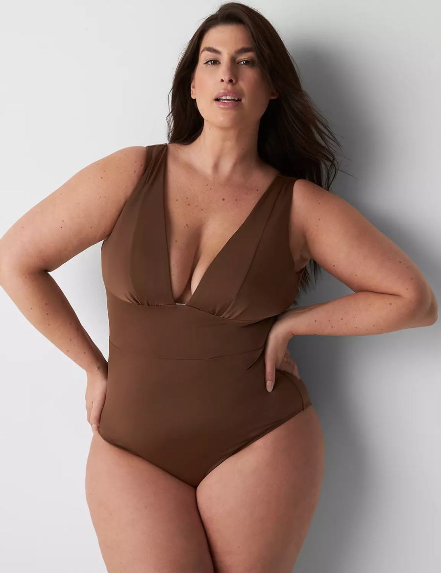 Lane Bryant No-Wire Plunge One-Piece Women Swimsuits Dark Brown | IUG7424OO