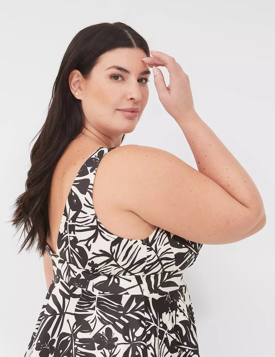 Lane Bryant No-Wire Plunge Tankini Women Bikini Top White Black | NKQ378VW