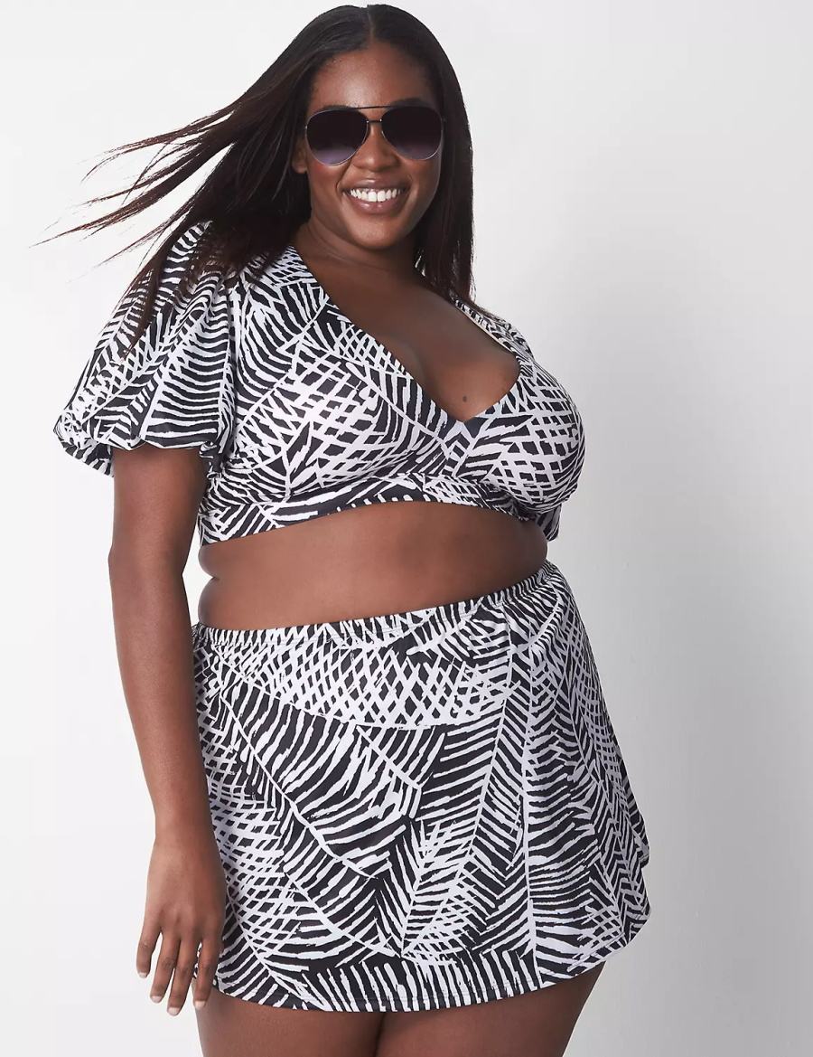 Lane Bryant No-Wire Puff-Sleeve Swim Women Bikini Top White Black | ZRN3760WK