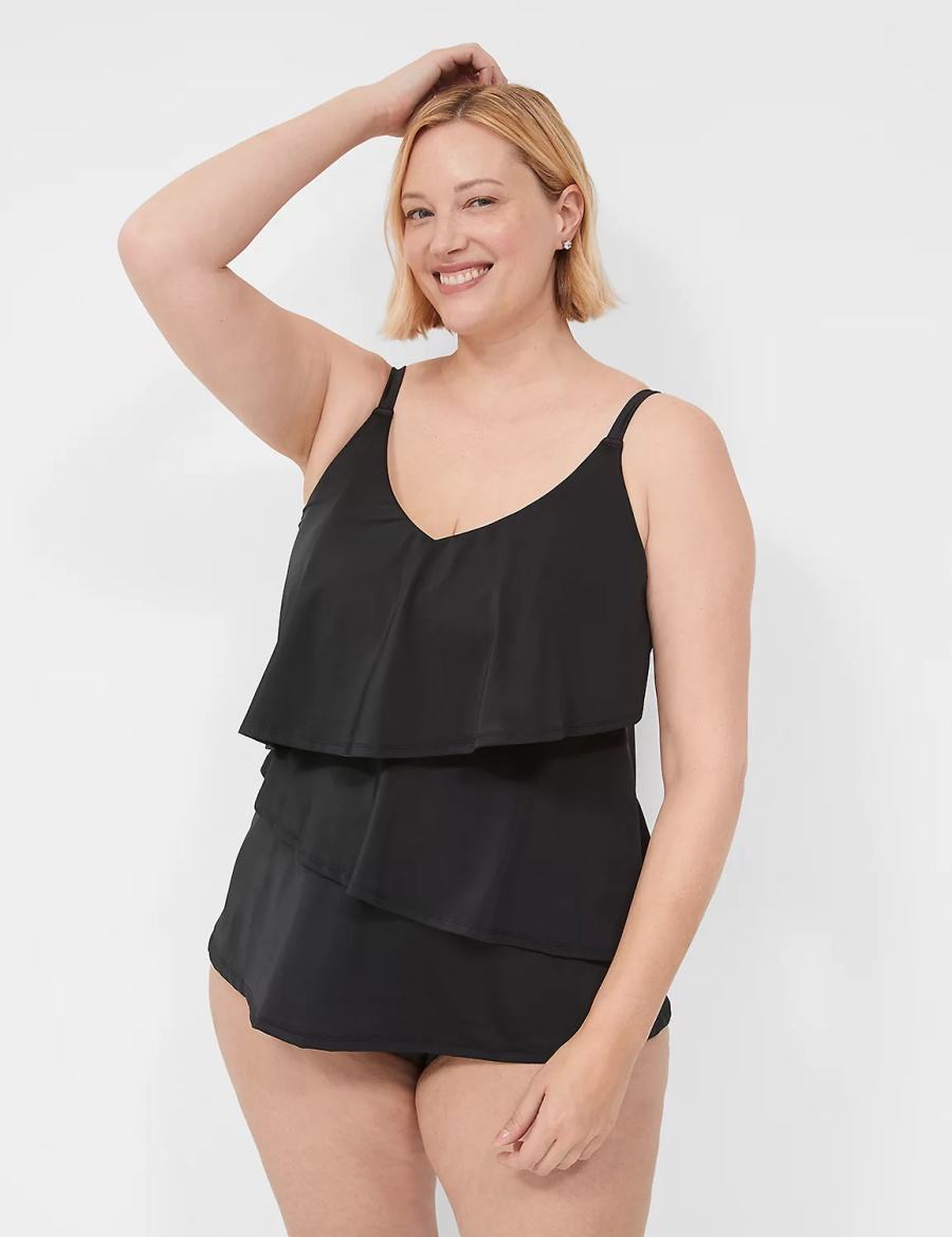 Lane Bryant No-Wire Three-Tier Tankini Women Bikini Top Black | RSB5367VN