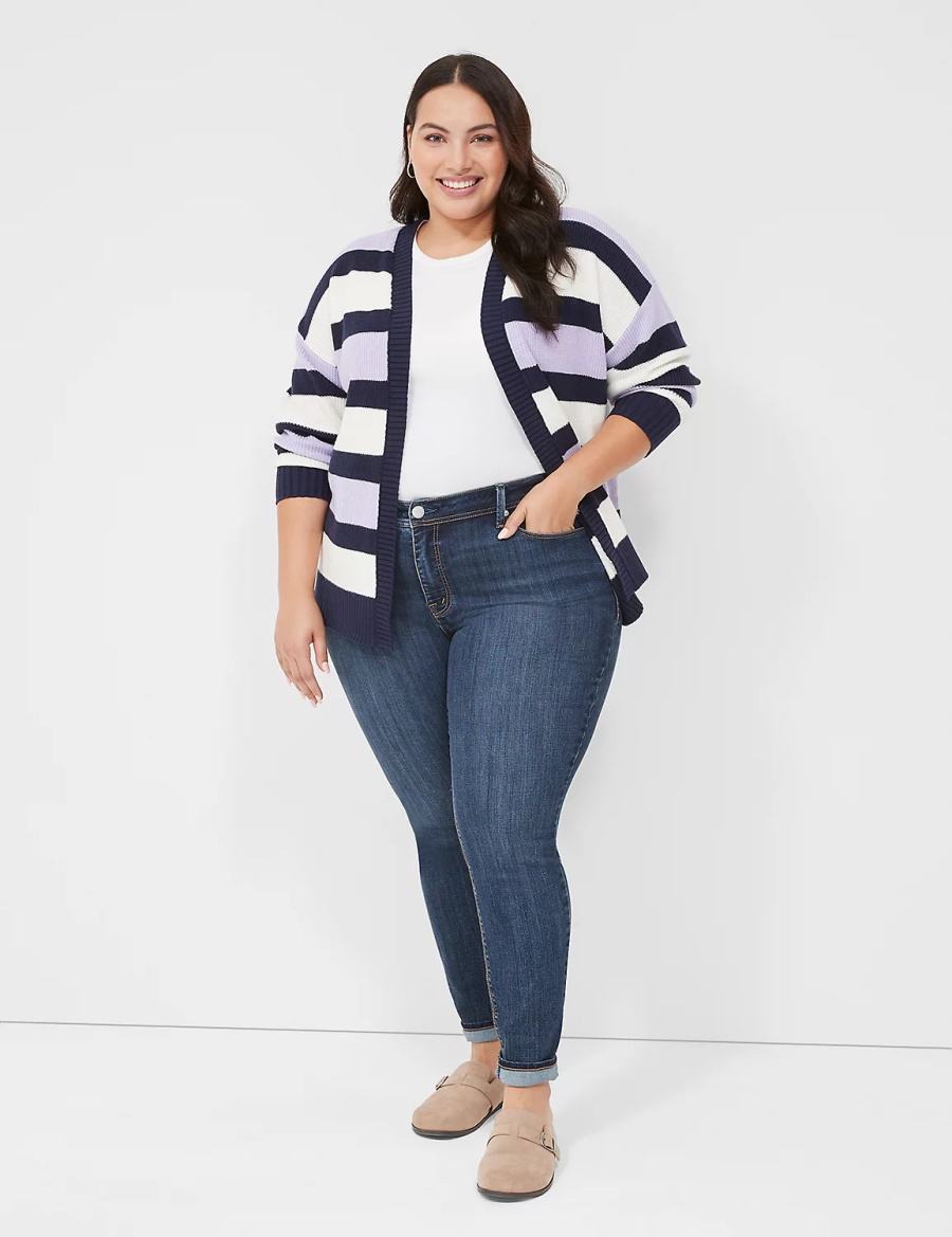 Lane Bryant Open-Front Stripe Women Cardigan Purple Navy Stripes | QOJ5410AE