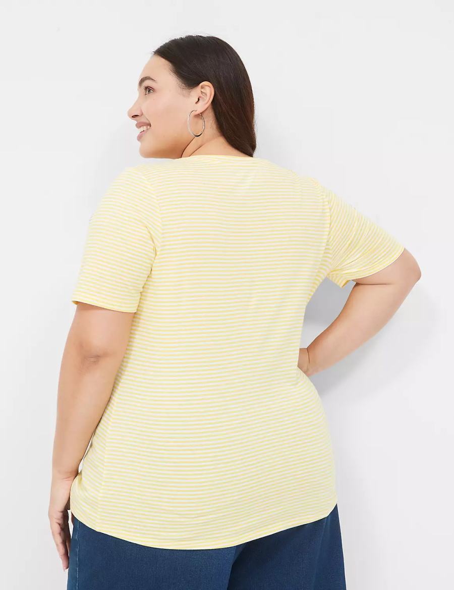 Lane Bryant Perfect Sleeve V-Neck Tee Women T Shirts Yellow Stripes | HHA932XG