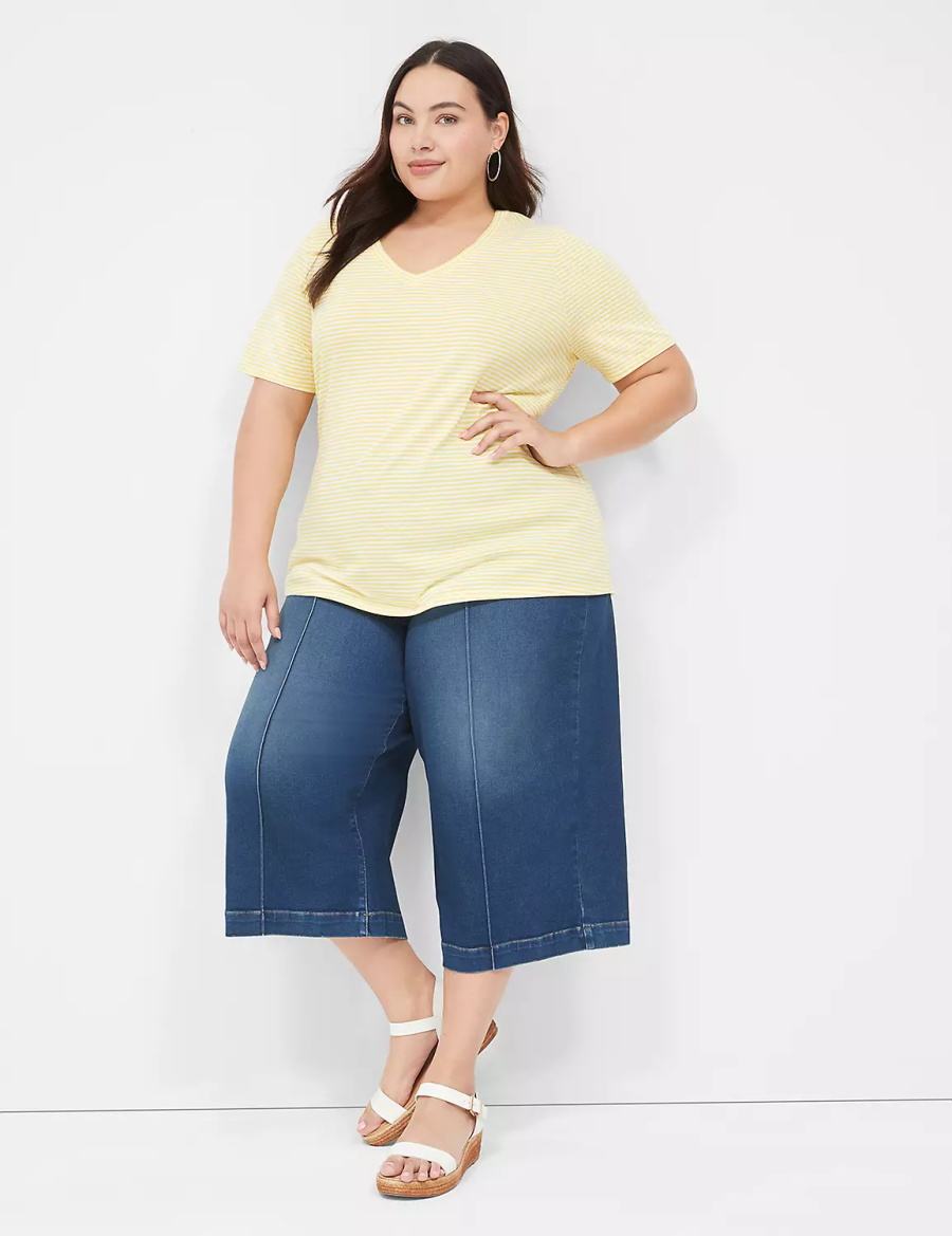 Lane Bryant Perfect Sleeve V-Neck Tee Women T Shirts Yellow Stripes | HHA932XG