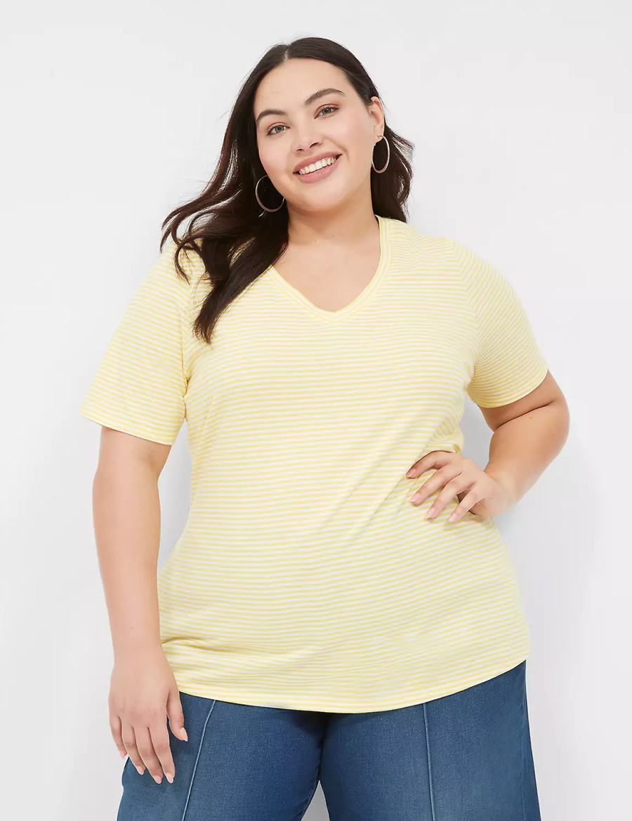 Lane Bryant Perfect Sleeve V-Neck Tee Women T Shirts Yellow Stripes | HHA932XG