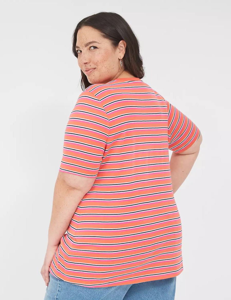 Lane Bryant Perfect Sleeve V-Neck Tee Women T Shirts Orange Stripes | LRC1767EV