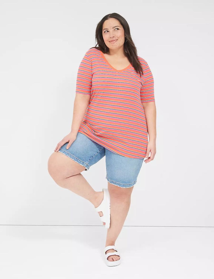 Lane Bryant Perfect Sleeve V-Neck Tee Women T Shirts Orange Stripes | LRC1767EV