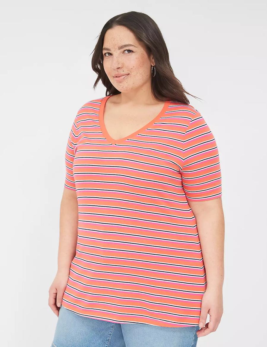 Lane Bryant Perfect Sleeve V-Neck Tee Women T Shirts Orange Stripes | LRC1767EV