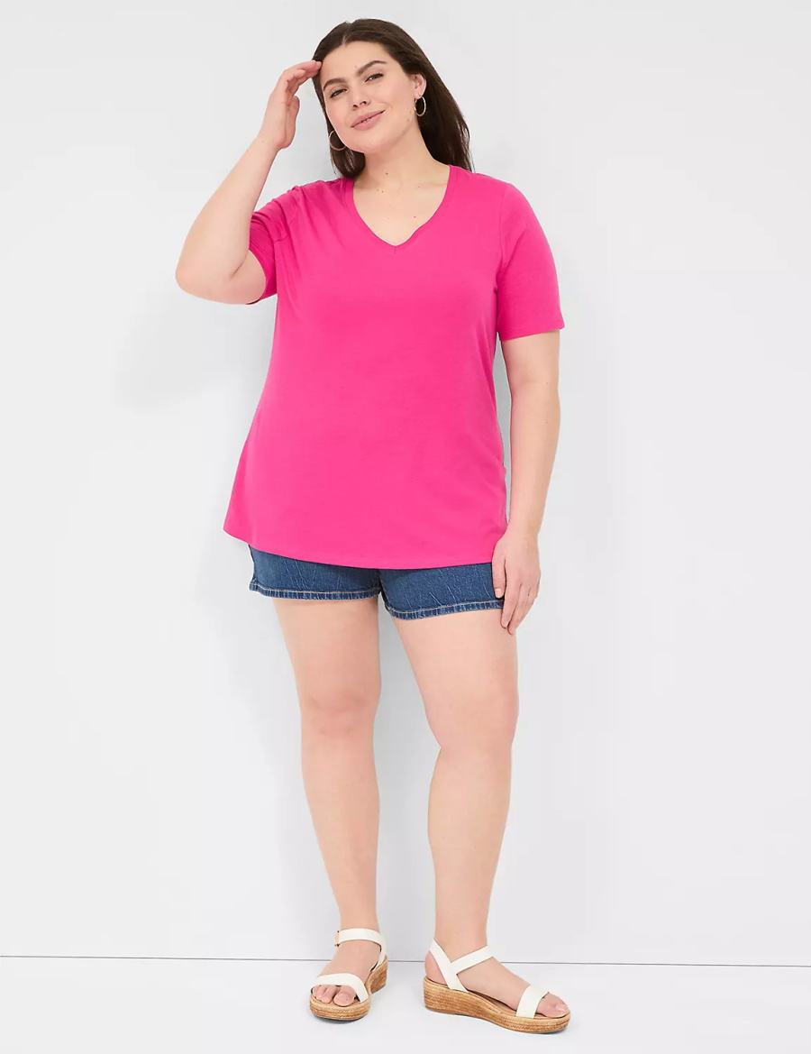 Lane Bryant Perfect Sleeve V-Neck Tee Women T Shirts Pink | LGX4948NB