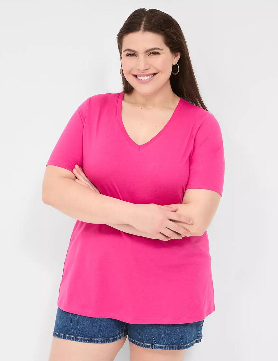 Lane Bryant Perfect Sleeve V-Neck Tee Women T Shirts Pink | LGX4948NB