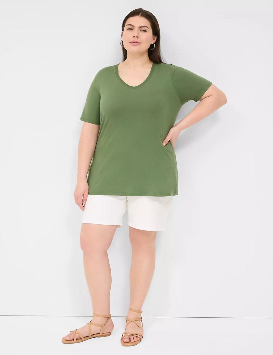 Lane Bryant Perfect Sleeve V-Neck Tee Women T Shirts Brown Green | GFK6957UM