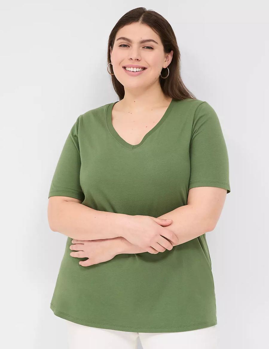 Lane Bryant Perfect Sleeve V-Neck Tee Women T Shirts Brown Green | GFK6957UM