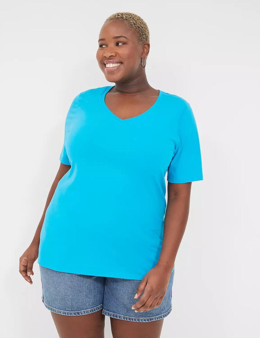 Lane Bryant Perfect Sleeve V-Neck Tee Women T Shirts Blue | CWV676UM