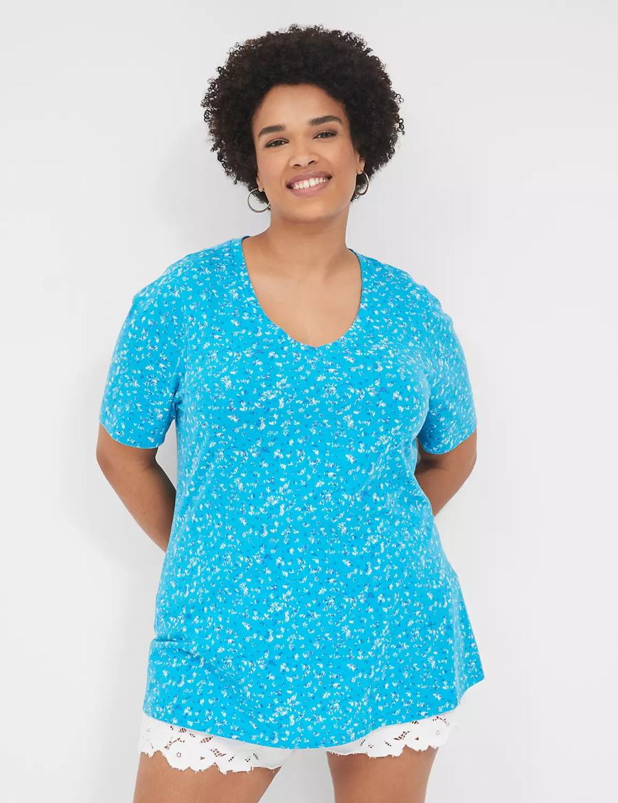 Lane Bryant Perfect Sleeve V-Neck Tee Women T Shirts Blue | UDZ5079NE