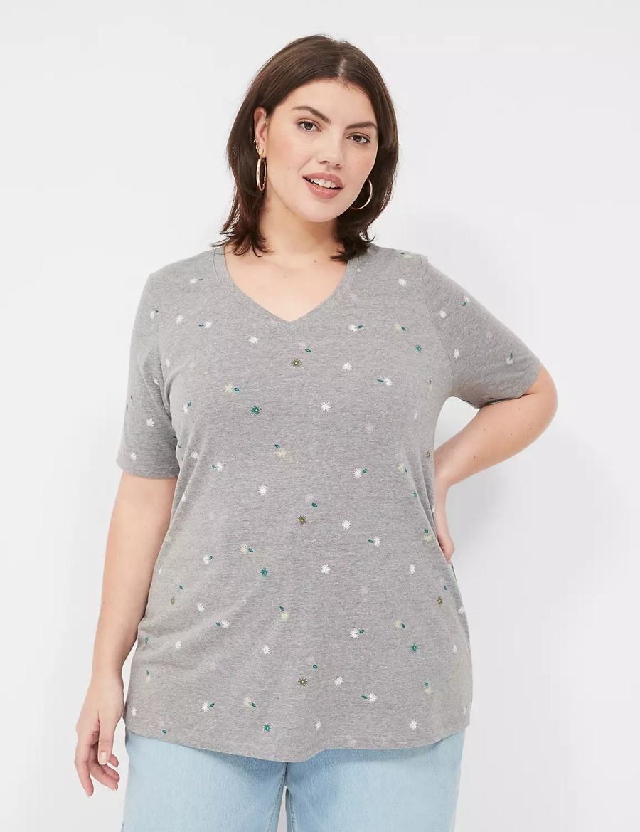 Lane Bryant Perfect Sleeve V-Neck Tee Women T Shirts Grey | VIJ3516NN