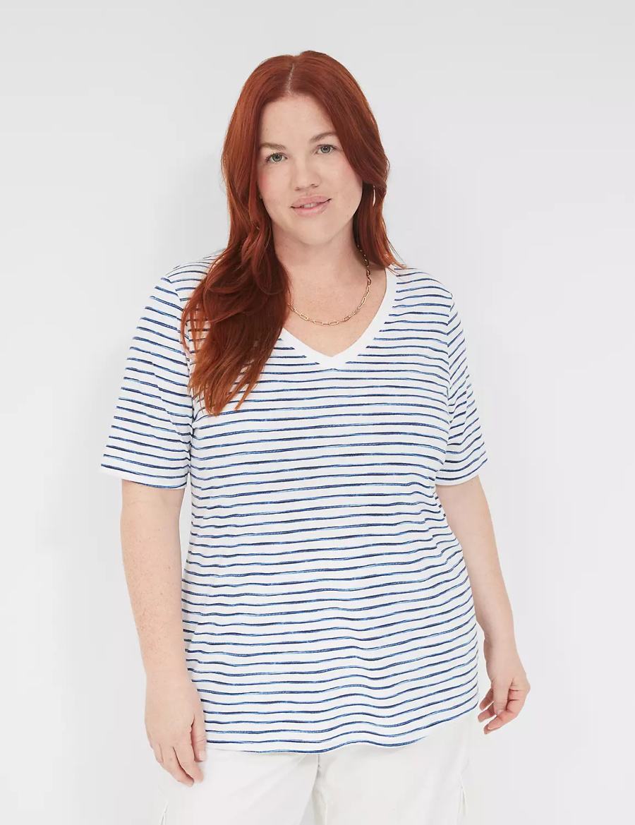 Lane Bryant Perfect Sleeve V-Neck Tee Women T Shirts White Blue | XHH8235AH