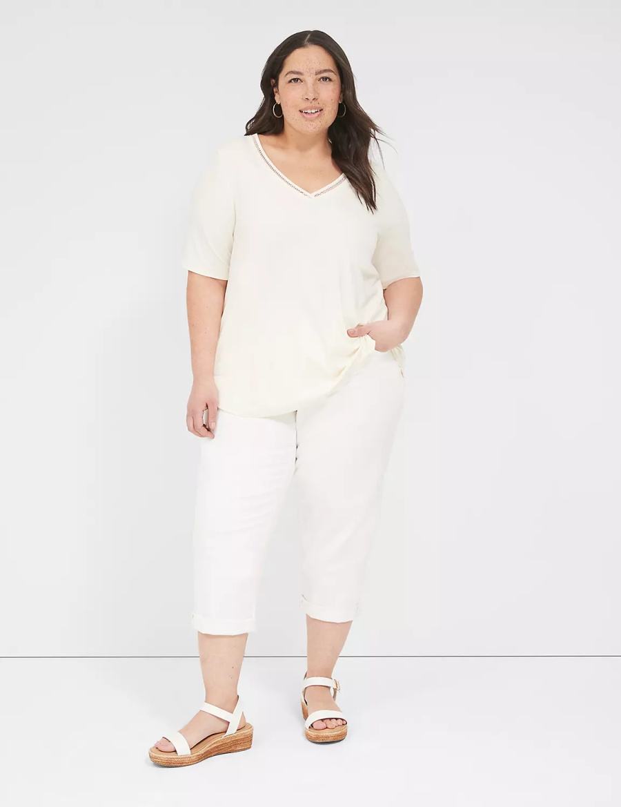 Lane Bryant Perfect Sleeve V-Neck Trim-Detail Tee Women T Shirts White | DPH7968CU