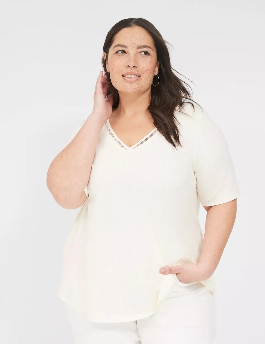 Lane Bryant Perfect Sleeve V-Neck Trim-Detail Tee Women T Shirts White | DPH7968CU