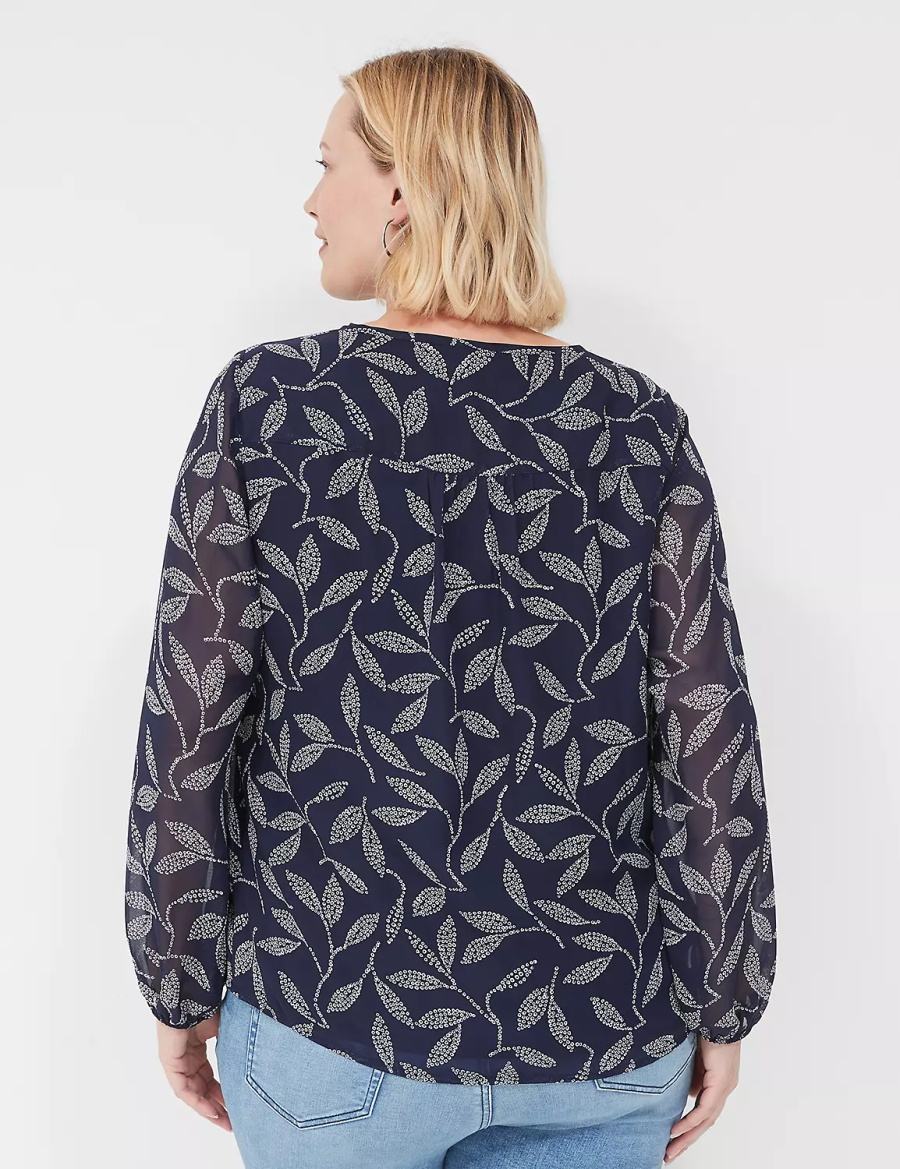 Lane Bryant Pin-Tuck Crew-Neck Women Blouse Navy | OBM120KP