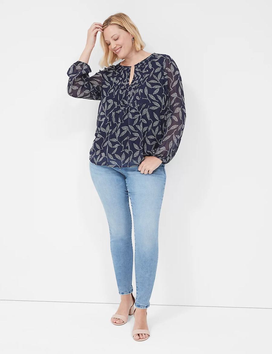 Lane Bryant Pin-Tuck Crew-Neck Women Blouse Navy | OBM120KP