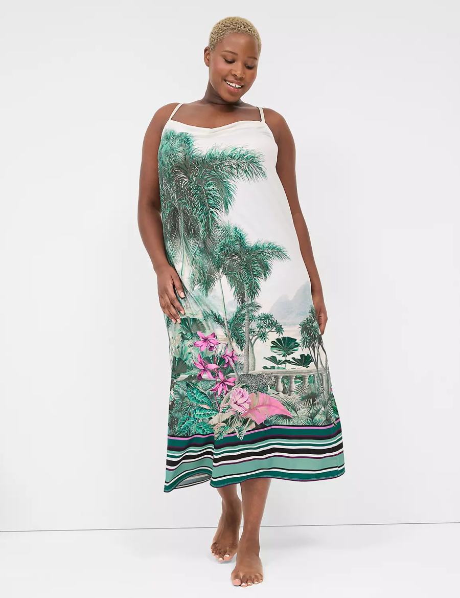 Lane Bryant Placed Print Cowlneck Slip Women Dress Green Multicolor | LUN1128OA