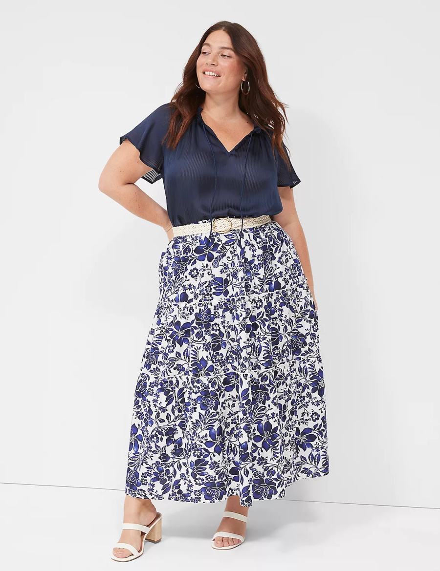 Lane Bryant Poplin Tiered Maxi Women Skirts Navy White | IGT266VN