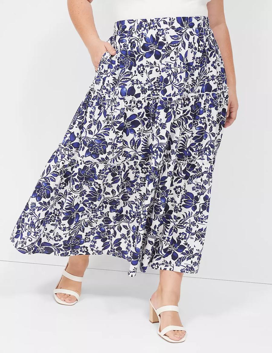 Lane Bryant Poplin Tiered Maxi Women Skirts Navy White | IGT266VN