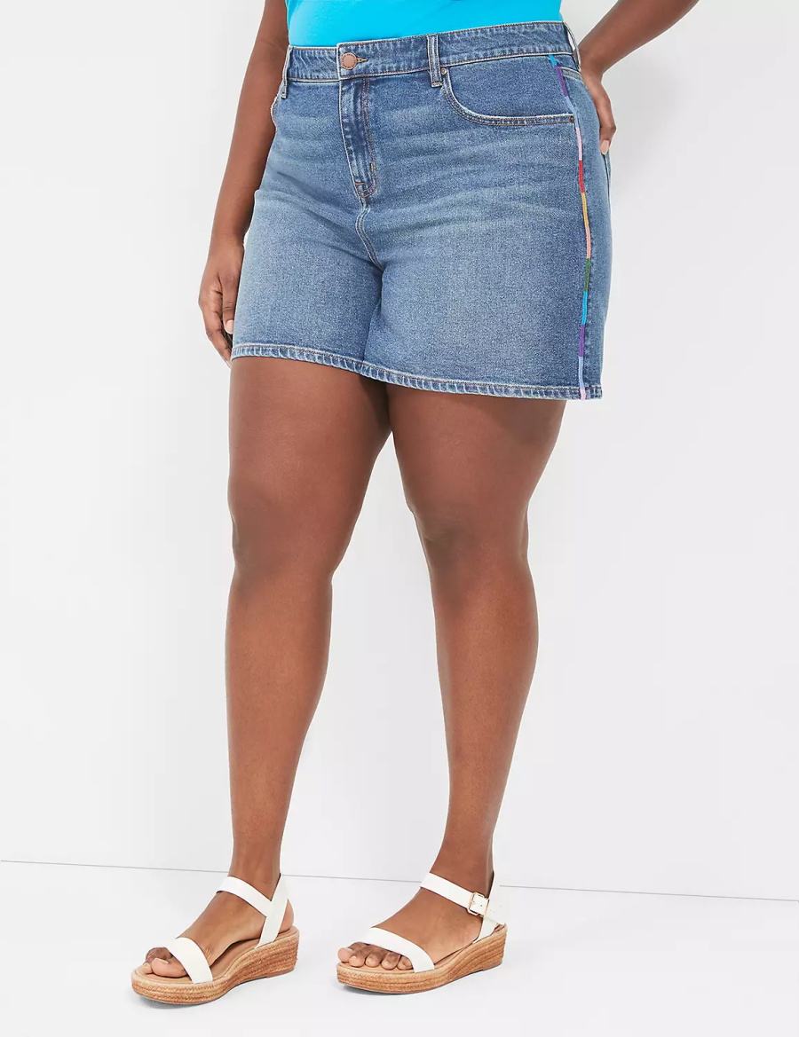 Lane Bryant Pride Boyfriend Fit Jean With Embroidery Women Shorts Blue | AOW687YF