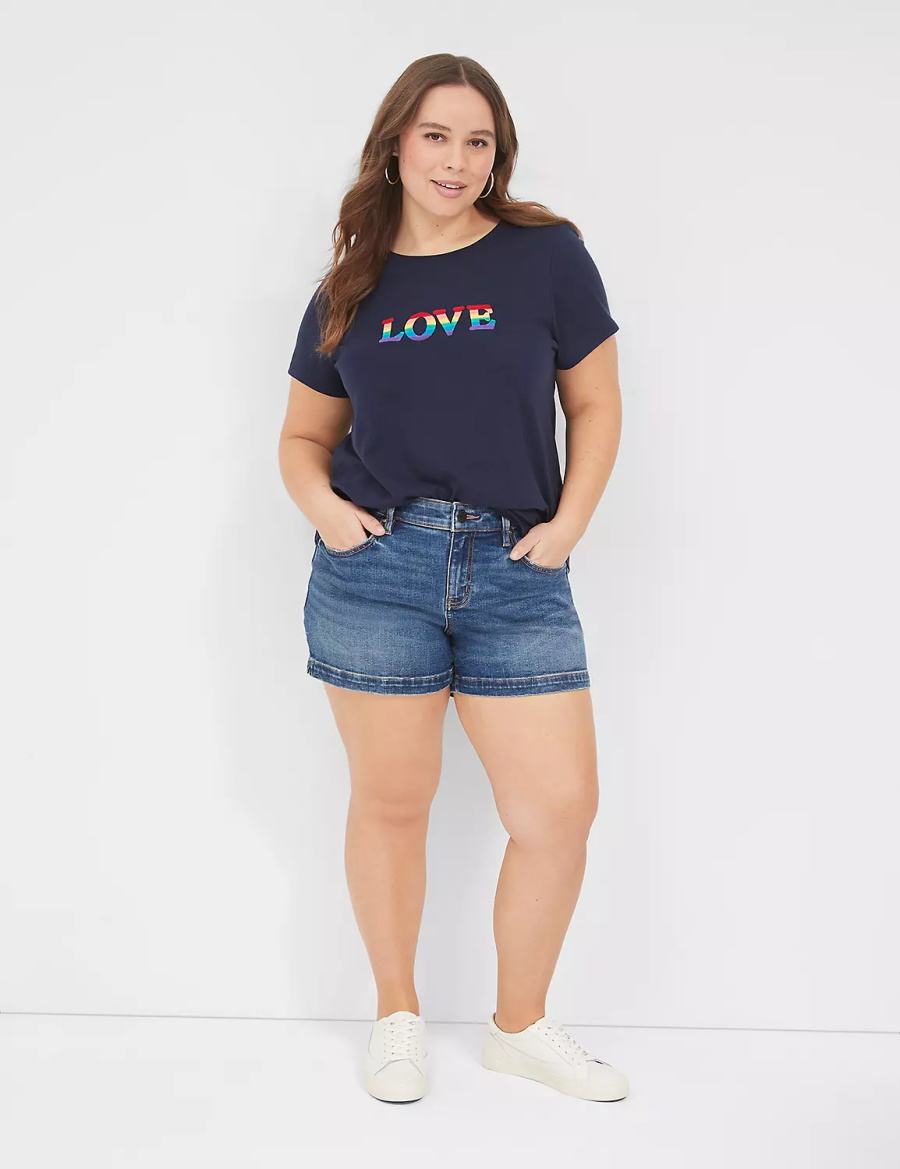 Lane Bryant Pride Embroidered Rainbow Love Graphic Tee Women T Shirts Blue | PGU8752JZ